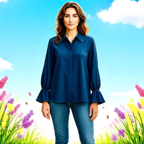 ANNE KLEIN A LINE Vtg USA Blouse Shirt Navy Blue Button Up RUFFLES Womens Medium - Picture 3 of 16